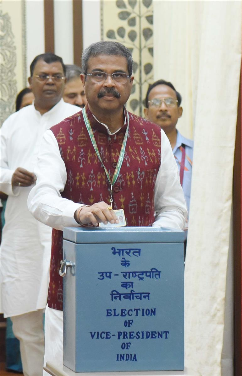 The Union Minister of Education, Shri Dharmendra Pradhan casts his vote for the Vice Presidential Election 2025 at Parliament House, in New Delhi on September 09, 2025.