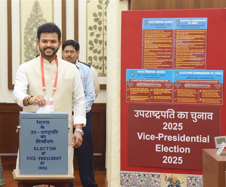 The Union Minister for Civil Aviation, Shri Kinjarapu Ram Mohan Naidu casts his vote for the Vice Presidential Election 2025 at Parliament House, in New Delhi on September 09, 2025.