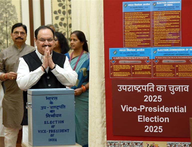 The Union Minister of Health and Family Welfare & Chemicals and Fertilizers, Shri Jagat Prakash Nadda casts his vote for the Vice-Presidential Election 2025 at Parliament House, in New Delhi on September 09, 2025.