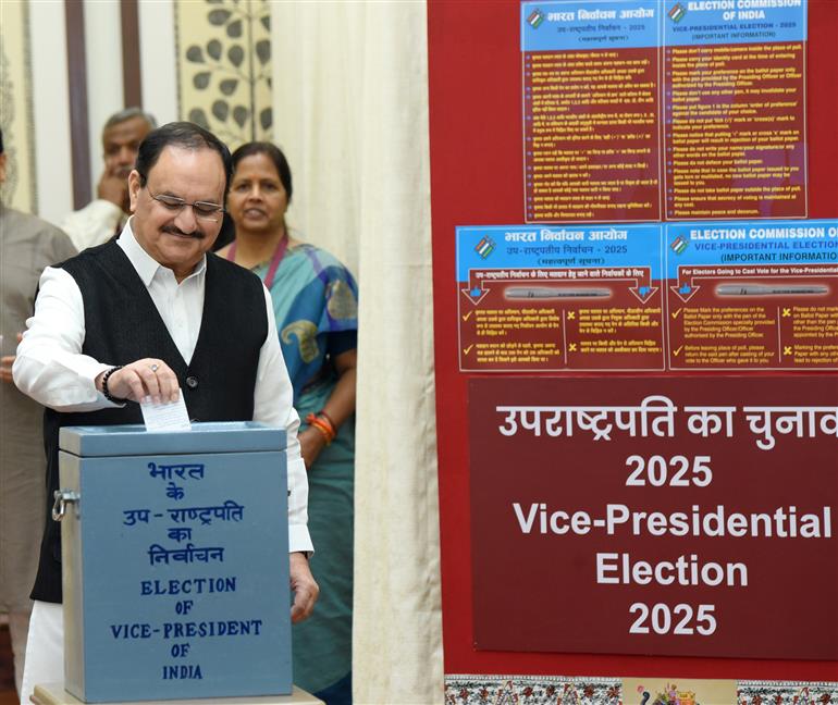 The Union Minister of Health and Family Welfare & Chemicals and Fertilizers, Shri Jagat Prakash Nadda casts his vote for the Vice-Presidential Election 2025 at Parliament House, in New Delhi on September 09, 2025.