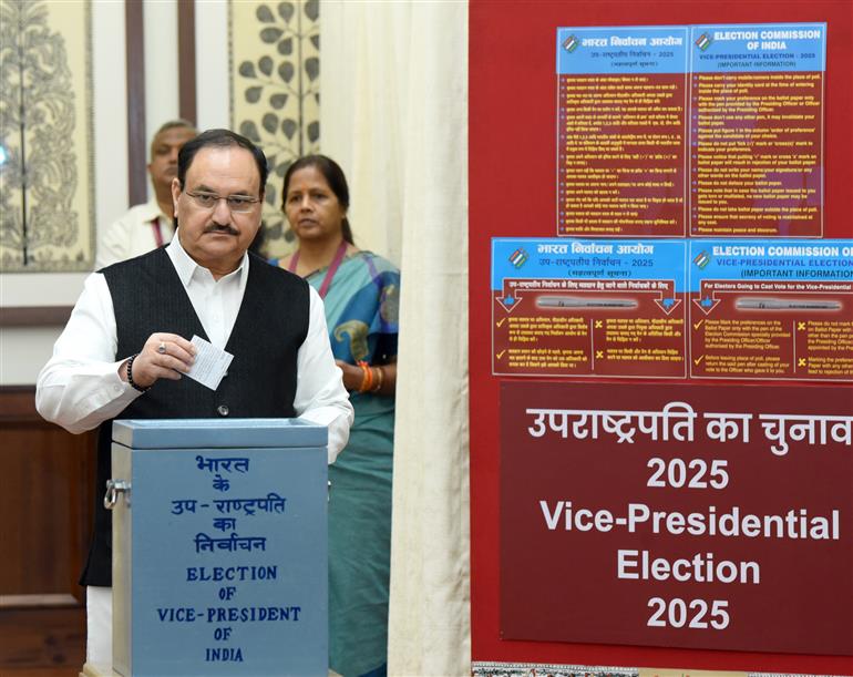 The Union Minister of Health and Family Welfare & Chemicals and Fertilizers, Shri Jagat Prakash Nadda casts his vote for the Vice-Presidential Election 2025 at Parliament House, in New Delhi on September 09, 2025.