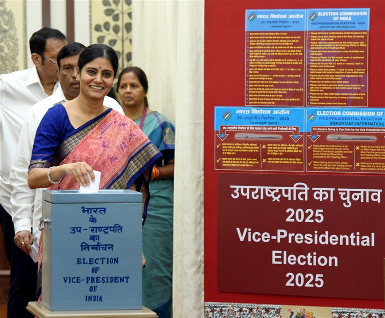 The Minister of State for Health and Family Welfare & Chemicals and Fertilizers, Smt. Anupriya Patel casts his vote for the Vice-Presidential Election 2025 at Parliament House, in New Delhi on September 09, 2025.