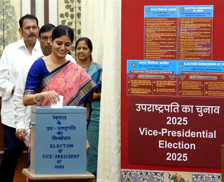 The Minister of State for Health and Family Welfare & Chemicals and Fertilizers, Smt. Anupriya Patel casts his vote for the Vice-Presidential Election 2025 at Parliament House, in New Delhi on September 09, 2025.