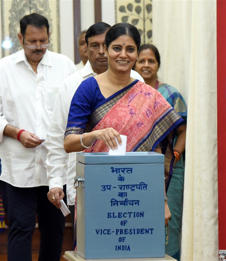 The Minister of State for Health and Family Welfare & Chemicals and Fertilizers, Smt. Anupriya Patel casts his vote for the Vice-Presidential Election 2025 at Parliament House, in New Delhi on September 09, 2025.