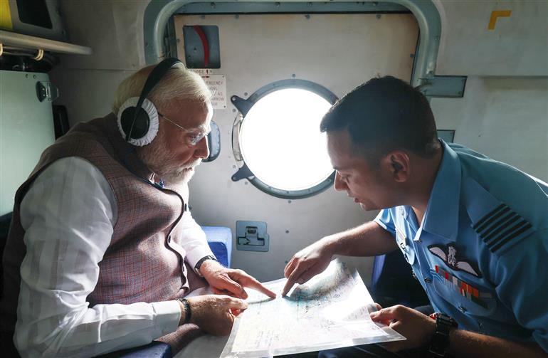 PM undertakes an aerial survey of Flood and Landslide affected areas, in Himachal Pradesh on September 09, 2025.