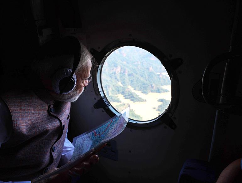 PM undertakes an aerial survey of Flood and Landslide affected areas, in Himachal Pradesh on September 09, 2025.