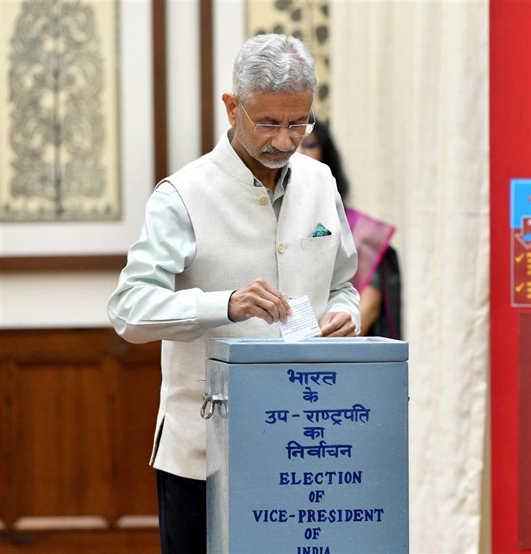 The Union Minister for External Affairs, Dr. Subrahmanyam Jaishankar casts his vote for the Vice-Presidential Election 2025 at Parliament House, in New Delhi on September 09, 2025.