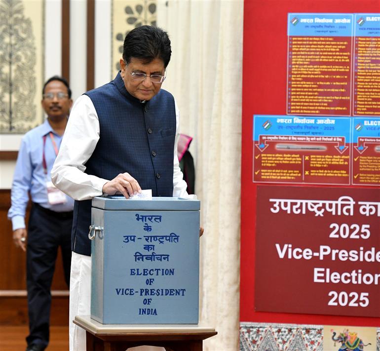 The Union Minister for Commerce and Industry, Shri Piyush Goyal casts his vote for the Vice-Presidential Election 2025 at Parliament House, in New Delhi on September 09, 2025.