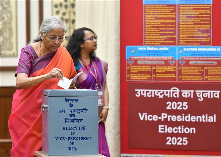 The Union Minister for Finance and Corporate Affairs, Smt. Nirmala Sitharaman casts her vote for the Vice-Presidential Election 2025 at Parliament House, in New Delhi on September 09, 2025.