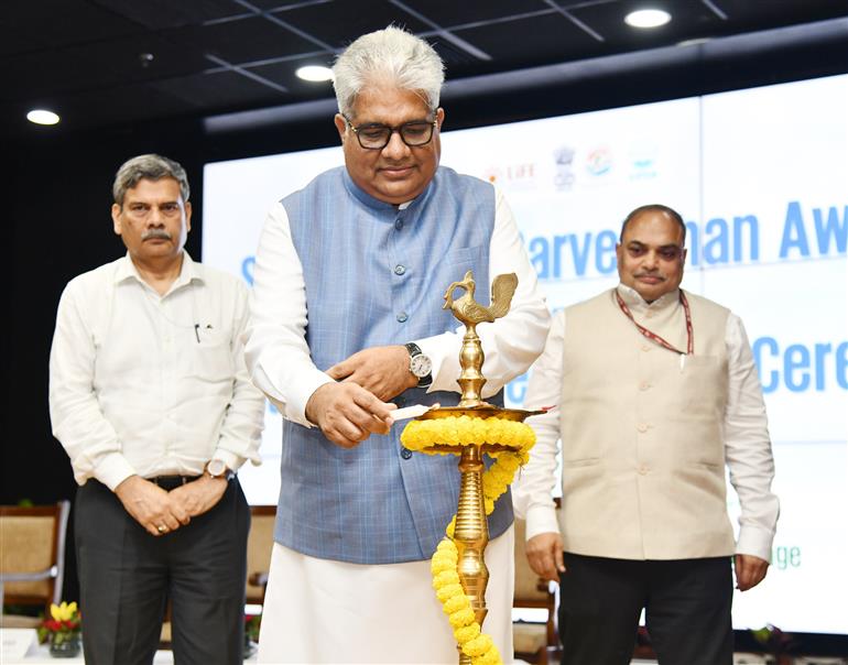 The Union Minister for Environment, Forest and Climate Change, Shri Bhupender Yadav lighting the lamp at the Swachh Vayu Sarvekshan Awards & Wetland Cities Recognition Ceremony held at Indira Paryavaran Bhawan, in New Delhi on September 09, 2025.
