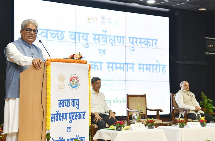 The Union Minister for Environment, Forest and Climate Change, Shri Bhupender Yadav addressing at the Swachh Vayu Sarvekshan Awards & Wetland Cities Recognition Ceremony held at Indira Paryavaran Bhawan, in New Delhi on September 09, 2025.