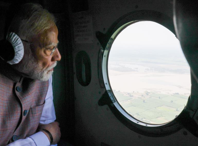 PM undertakes an aerial survey of Flood affected areas, in Punjab on September 09, 2025.