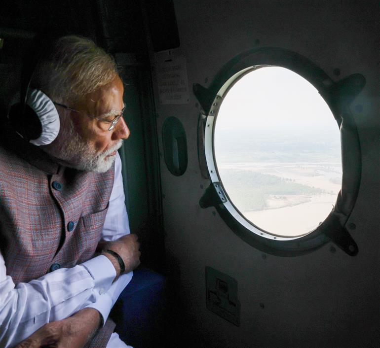 PM undertakes an aerial survey of Flood affected areas, in Punjab on September 09, 2025.