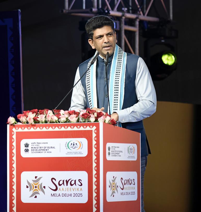The Minister of State for Rural Development and Communications, Dr. Chandra Sekhar Pemmasani addressing at the inauguration of Saras Aajeevika Mela 2025, in New Delhi on September 09, 2025.