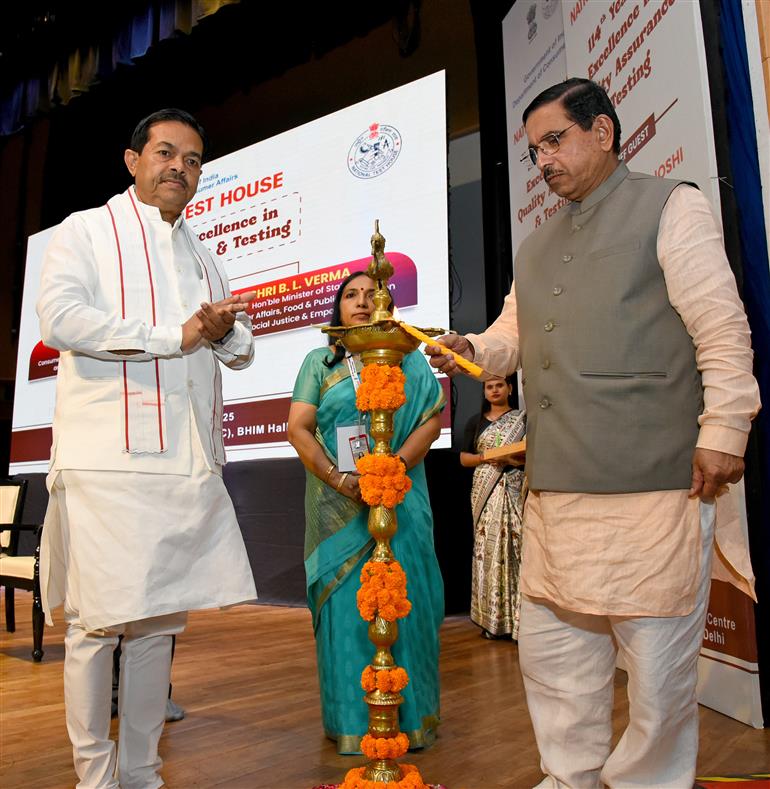 The Union Minister for Consumer Affairs, Food and Public Distribution, Shri Pralhad Joshi lighting the lamp during 114th Foundation Year Celebrations of National Test House (NTH) in New Delhi, on September 10, 2025. The Minister of State for Consumer Affairs, Food and Public Distribution and Social Justice and Empowerment, Shri B. L. Verma are also present.