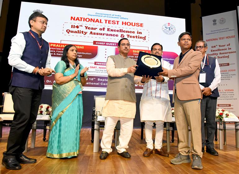 The Union Minister for Consumer Affairs, Food and Public Distribution, Shri Pralhad Joshi and the Minister of State for Consumer Affairs, Food and Public Distribution and Social Justice and Empowerment, Shri B. L. Verma attends the114th Foundation Year Celebrations of National Test House (NTH) in New Delhi, on September 10, 2025. 