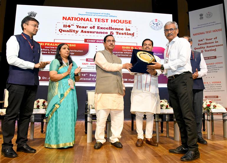 The Union Minister for Consumer Affairs, Food and Public Distribution, Shri Pralhad Joshi and the Minister of State for Consumer Affairs, Food and Public Distribution and Social Justice and Empowerment, Shri B. L. Verma attends the114th Foundation Year Celebrations of National Test House (NTH) in New Delhi, on September 10, 2025. 