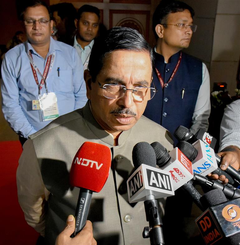 The Union Minister for Consumer Affairs, Food and Public Distribution, Shri Pralhad Joshi interacting with media during the 114th Foundation Year Celebrations of National Test House (NTH) in New Delhi, on September 10, 2025.