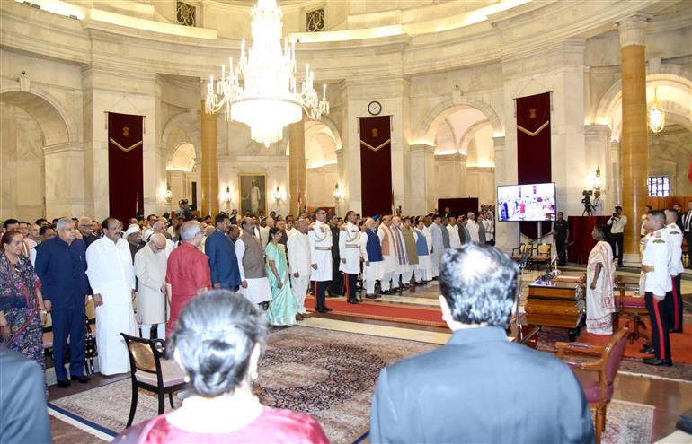 The President of India, Smt Droupadi Murmu administered the Oath of Office of Vice President of India to Shri C. P. Radhakrishnan at a Swearing-in-Ceremony held at Ganatantra Mandap, in Rashtrapati Bhavan, New Delhi on September 12, 2025.