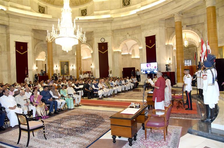 The President of India, Smt Droupadi Murmu administered the Oath of Office of Vice President of India to Shri C. P. Radhakrishnan at a Swearing-in-Ceremony held at Ganatantra Mandap, in Rashtrapati Bhavan, New Delhi on September 12, 2025.