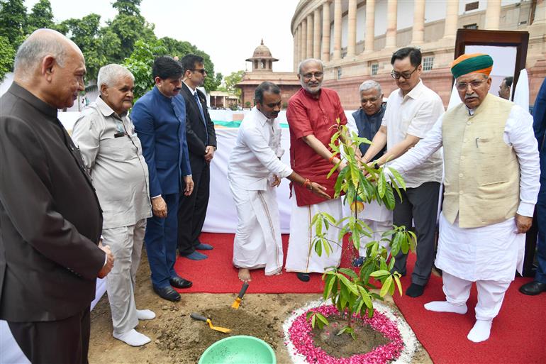 The Vice President of India, Shri C.P. Radhakrishnan planting a sapling at Parliament House, in New Delhi on September 12, 2025.