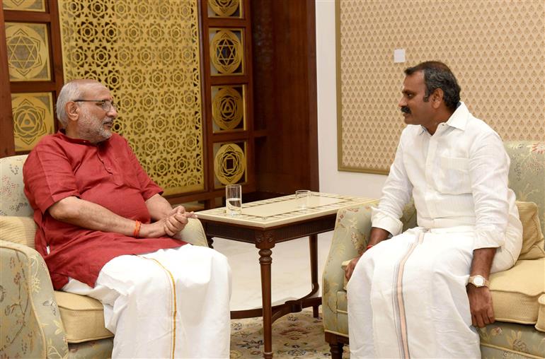 The Vice President of India, Shri C.P. Radhakrishnan meeting with the Minister of State for Information and Broadcasting and Parliamentary Affairs, Dr. L. Murugan, in New Delhi on September 12, 2025.