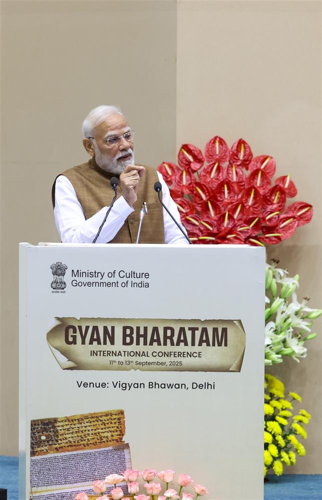 PM addressing at the International Conference on Gyan Bharatam at Vigyan Bhawan, in New Delhi on September 12, 2025.