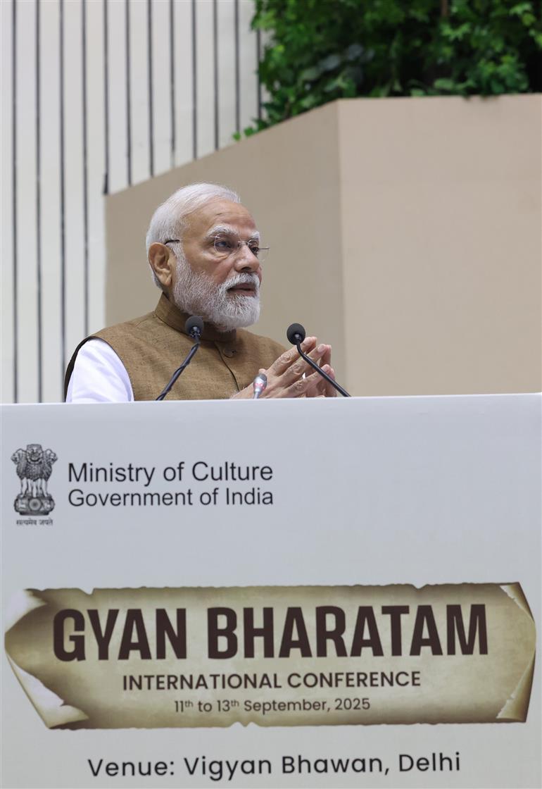 PM addressing at the International Conference on Gyan Bharatam at Vigyan Bhawan, in New Delhi on September 12, 2025.
