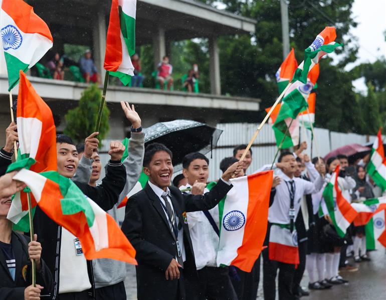 PM receives warm welcome by enthusiastic crowd during the Grand Road Show on his arrival at Churachandpur, in Manipur on September 13, 2025.