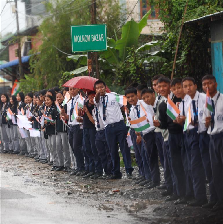 PM receives warm welcome by enthusiastic crowd during the Grand Road Show on his arrival at Churachandpur, in Manipur on September 13, 2025.