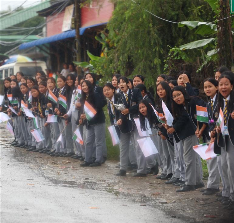 PM receives warm welcome by enthusiastic crowd during the Grand Road Show on his arrival at Churachandpur, in Manipur on September 13, 2025.
