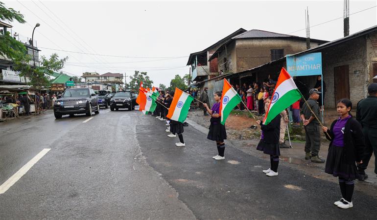 PM receives warm welcome by enthusiastic crowd during the Grand Road Show on his arrival at Churachandpur, in Manipur on September 13, 2025.