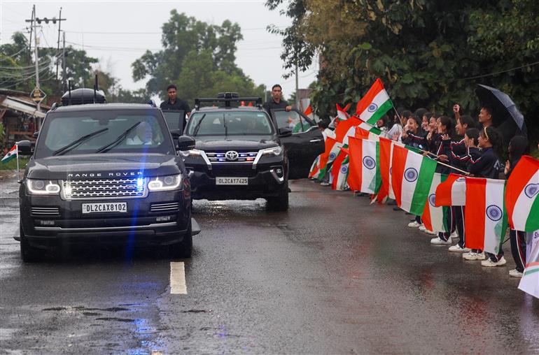 PM receives warm welcome by enthusiastic crowd during the Grand Road Show on his arrival at Churachandpur, in Manipur on September 13, 2025.