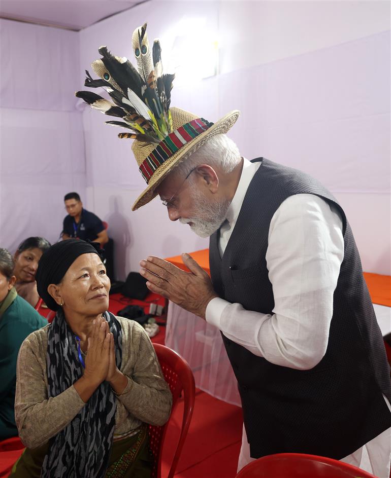 PM interaction with Internally Displaced Persons at Churachandpur, in Manipur on September 13, 2025.