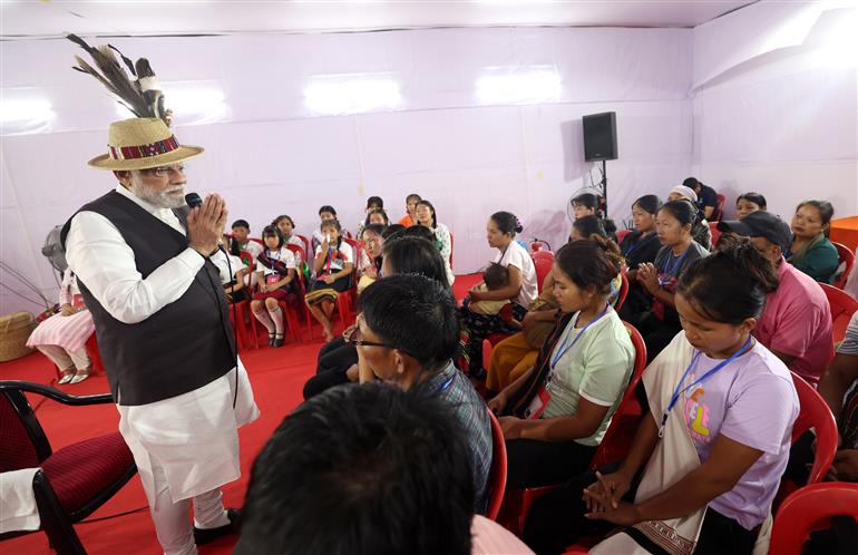 PM interaction with Internally Displaced Persons at Churachandpur, in Manipur on September 13, 2025.