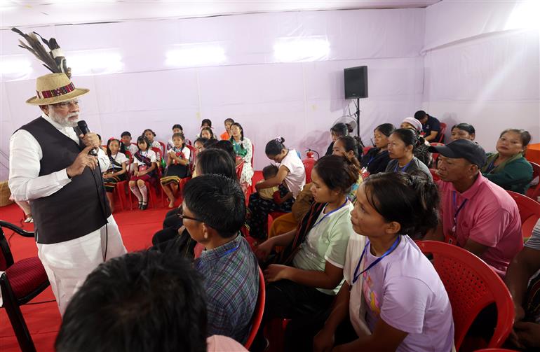 PM interaction with Internally Displaced Persons at Churachandpur, in Manipur on September 13, 2025.