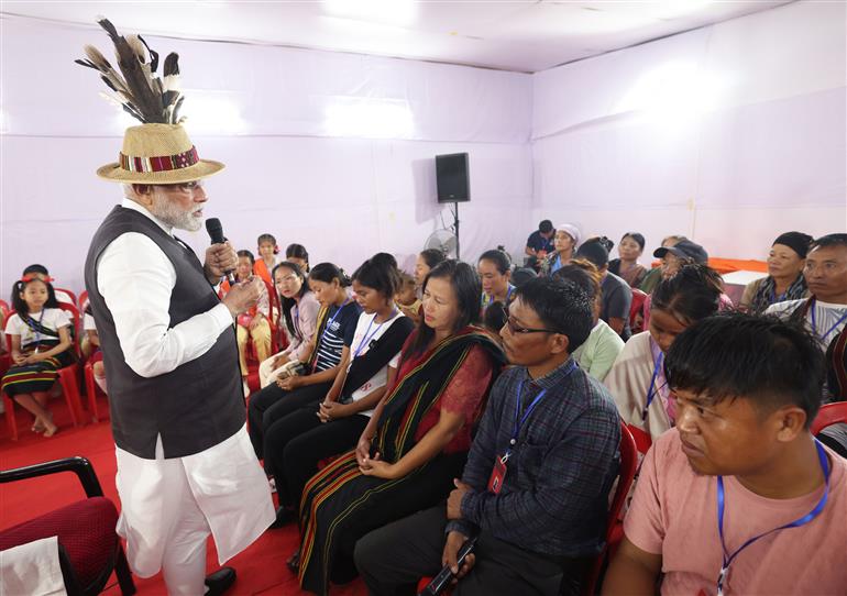 PM interaction with Internally Displaced Persons at Churachandpur, in Manipur on September 13, 2025.