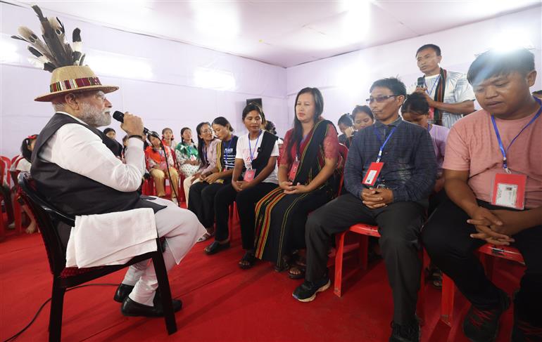 PM interaction with Internally Displaced Persons at Churachandpur, in Manipur on September 13, 2025.
