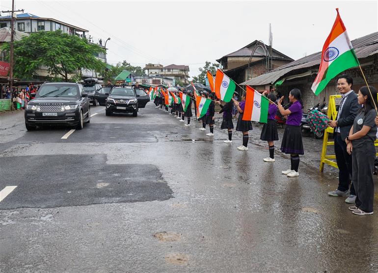PM receives warm welcome by enthusiastic crowd during the Grand Road Show on his arrival at Churachandpur, in Manipur on September 13, 2025.
