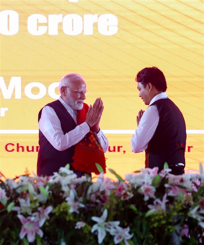 PM attends the foundation stone laying of multiple development projects at Churachandpur, in Manipur on September 13, 2025.