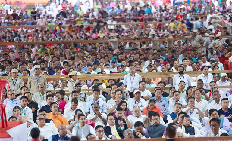 Gathering at the inauguration of various projects at Imphal, in Manipur on September 13, 2025. PM addressing on the occasion.
