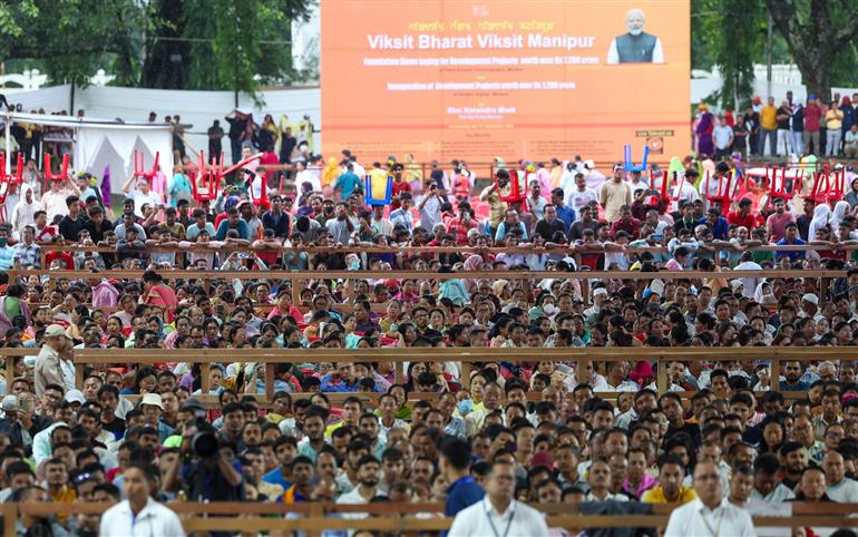 Gathering at the inauguration of various projects at Imphal, in Manipur on September 13, 2025. PM addressing on the occasion.