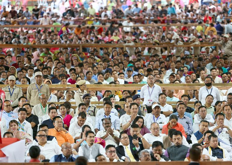 Gathering at the inauguration of various projects at Imphal, in Manipur on September 13, 2025. PM addressing on the occasion.