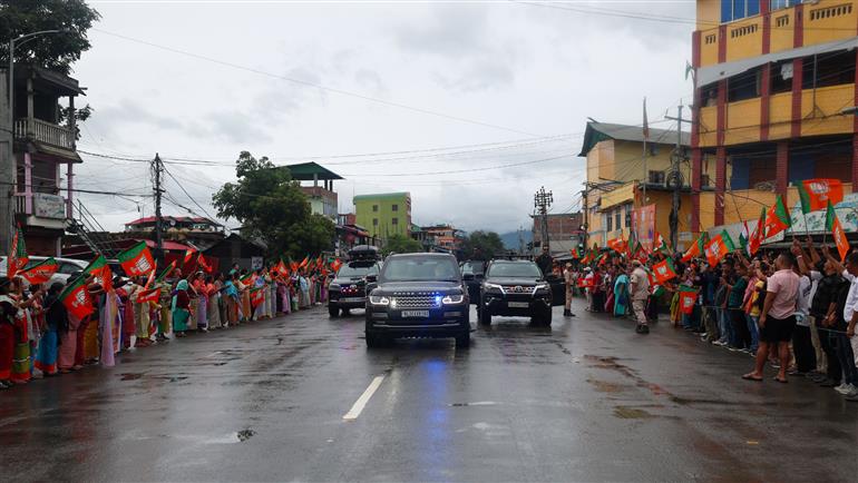 PM receives warm welcome by enthusiastic crowd during the Grand Road Show on his arrival at Imphal, in Manipur on September 13, 2025.