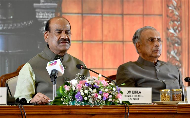 The Lok Sabha Speaker, Shri Om Birla addressing a press conference during the Closing ceremony of 11th Commonwealth Parliamentary Association (CPA) - India Region Conference at Vidhana Soudha, in Bengaluru on September 13, 2025.