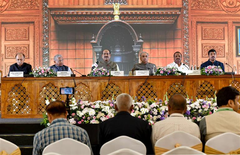 The Lok Sabha Speaker, Shri Om Birla addressing a press conference during the Closing ceremony of 11th Commonwealth Parliamentary Association (CPA) - India Region Conference at Vidhana Soudha, in Bengaluru on September 13, 2025.