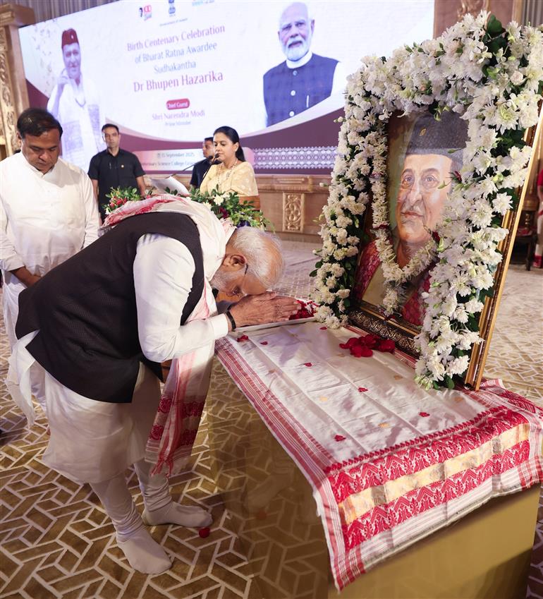 PM Pays tribute to Bharat Ratna Dr. Bhupen Hazarika on his 100th birth Anniversary celebrations at Guwahati, in Assam on September 13, 2025.