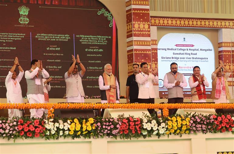 PM inaugurates and lays the foundation stone of multiple development projects at Darrang, in Assam on September 14, 2025.