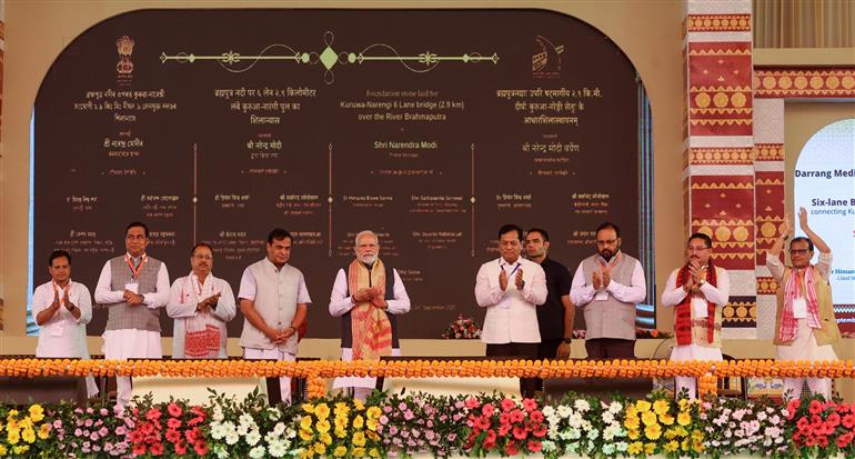 PM inaugurates and lays the foundation stone of multiple development projects at Darrang, in Assam on September 14, 2025.