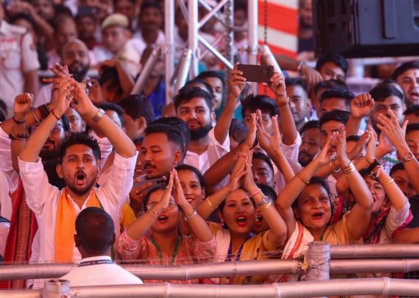 Gathering at the inauguration and laying the foundation stone of multiple development projects at Darrang, in Assam on September 14, 2025. PM addressing on the occasion.